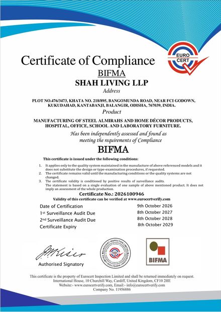 BIFMA certificate issued to Shah Living LLP